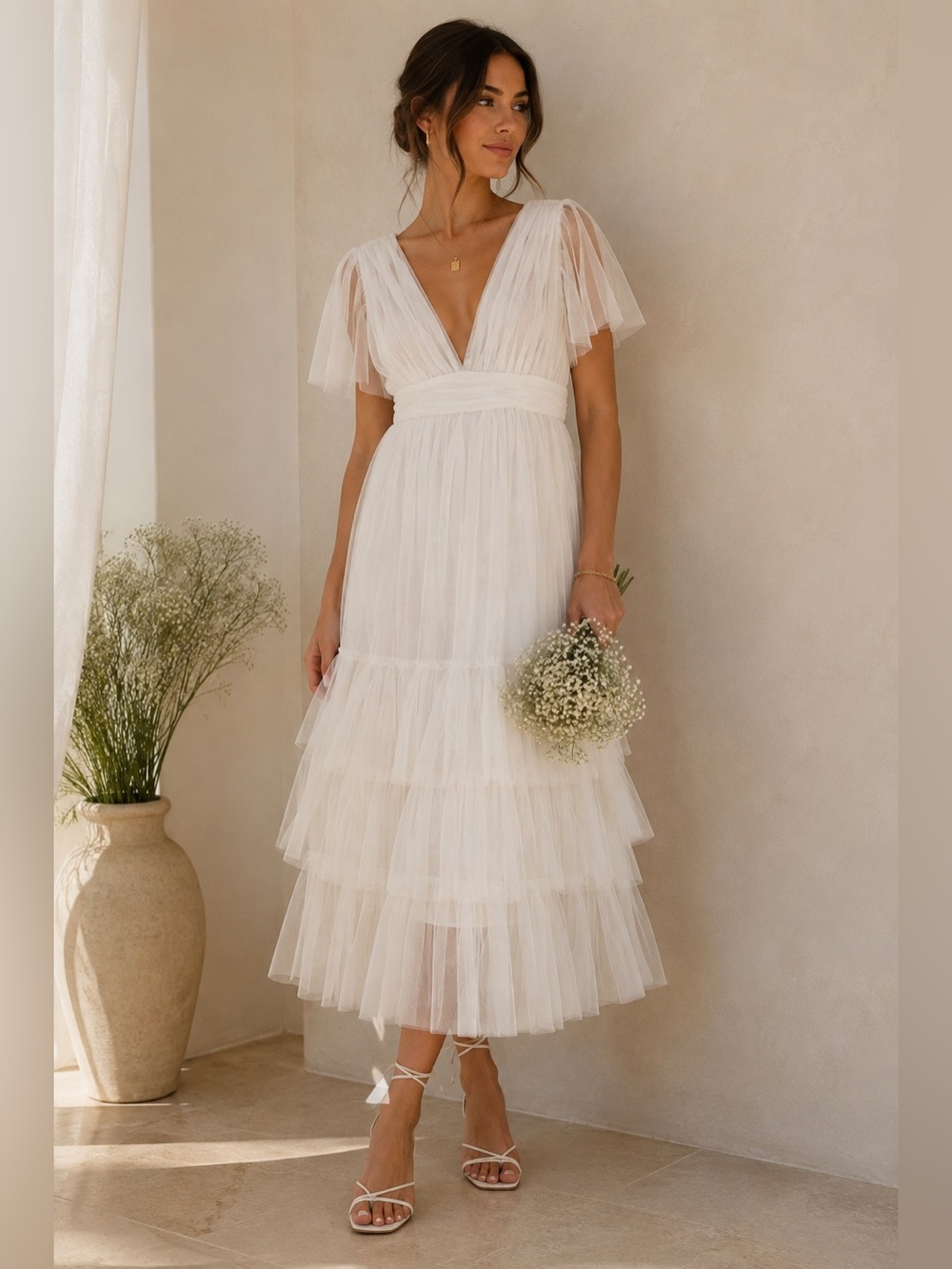 Showpo White Tulle Tiered Midi Dress Romantic Bridal Size 10